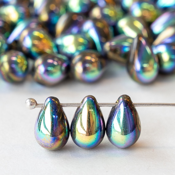 6x9mm Smooth Glass Teardrop Beads Czech Glass Tear Drop Black Iridescent  Iris 30 Beads Smooth Briolette Beads 