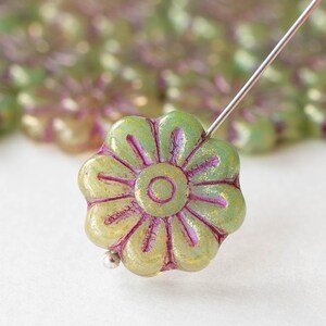 6 - 18mm Glass Flower Beads - Czech Glass Beads - Green with Gold Dust and Pink Wash - 6 beads