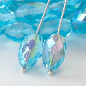 12x8mm Oval Bead - Czech Glass Beads For Jewelry Making - Faceted Oval Firepolished Beads - Transparent Aqua AB  - 12 Beads