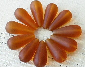 20x9mm Seaglass Teardrop - Long Drop Beads For Jewelry Making - Frosted Glass Beads - Czech Glass Beads (20 Beads)  Dark Amber