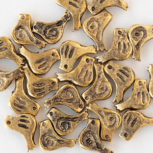 4 12mm Little Birdie Bead Mykonos Metal Beads Antiqued Gold 4 Birds image 2