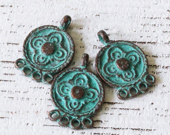 Mykonos Green Patina Boho Findings - Boho Earring Parts - 4 hole Connector End Bar - Jewelry Making Supply Beads - Made In Greece