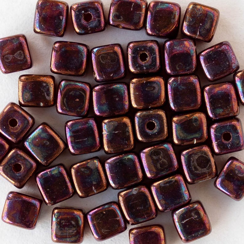 40 - 4mm Glass Cube Beads - Czech Glass Beads - Metallic Red Copper Rainbow - 40 beads image 2