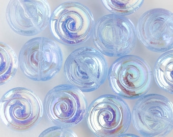 Spiral Coin Beads - Czech Glass Beads - Czech Glass Coin Beads - Light Blue AB- 10 Beads