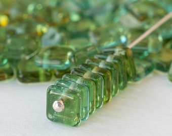 6mm Tile Drop Bead - Czech Glass Beads For Jewelry Making - Squarelet - Top Drilled Tile - Transparent Green  - 50 Beads