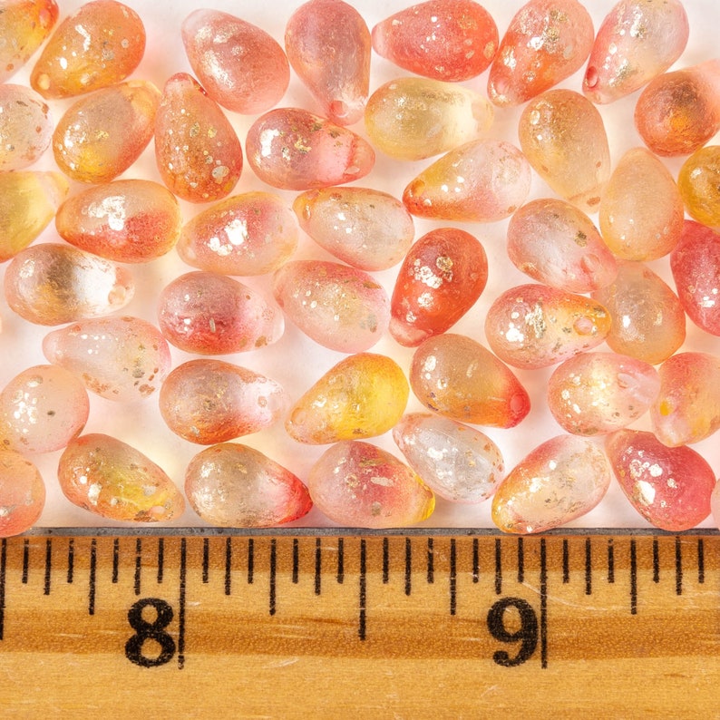 50 6x9mm Glass Teardrop Beads For Jewelry Making Czech Glass Beads Peach with Gold Dust Smooth Briolette Beads 50 beads image 4