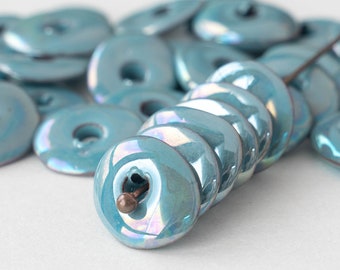 13x18mm Ceramic Glazed Oval Beads - Large Hole Ceramic Disk Beads From Mykonos Greece - Iridescent Blue Luster