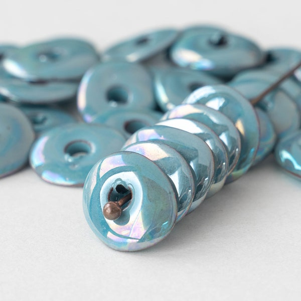 13x18mm Ceramic Glazed Oval Beads - Large Hole Ceramic Disk Beads From Mykonos Greece - Iridescent Blue Luster