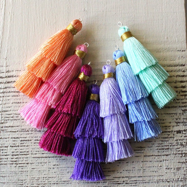 Large 3 Tier Silk Tassels for Jewelry Making - Jewelry Tassels - Mala Tassels - Choose Color - 1 Tassel