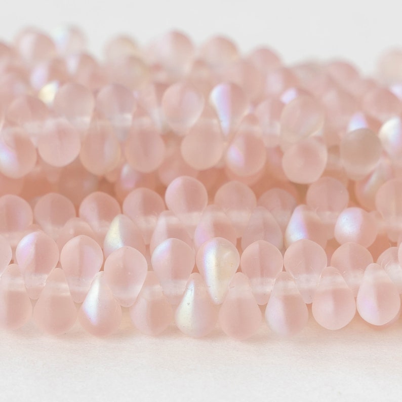 100 4x6mm Glass Teardrop Beads Czech Glass Beads Mermaids Tears Fringe Beads Light Pink Matte 100 image 3