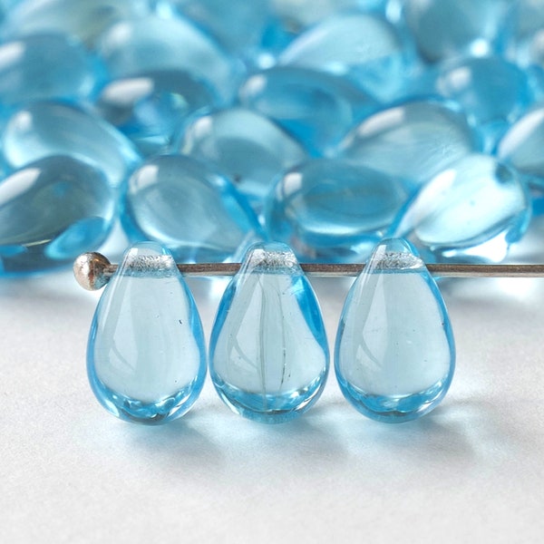 6x9mm Teardrop Beads For Jewelry Making - Czech Glass Beads - 9x6mm Smooth Teardrops (50 pieces )  Lt. Aqua - Smooth Briolette Beads