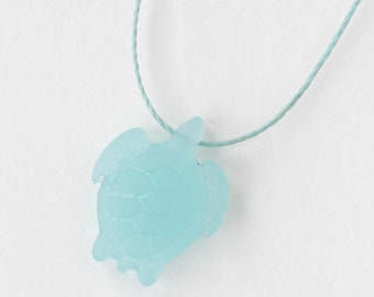 Cultured Sea Glass Turtle Pendant - 23mm - Frosted Glass Bead - 4 turtles - opaline light aqua matte