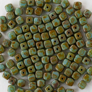 4mm Glass Cube Beads - Czech Glass Beads - Opaque Turquoise Picasso - 50 or 100 beads