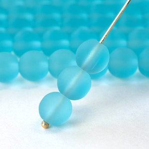 16 Inches - 8mm Round Sea Glass Beads - Frosted Glass Beads - Recycled Glass Beads - Aquamarine