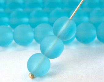 16 Inches - 8mm Round Sea Glass Beads - Frosted Glass Beads - Recycled Glass Beads - Aquamarine