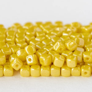 4mm Cube Beads - Czech Glass - Opaque Yellow Luster - 100 beads