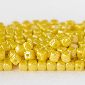 100 - 4mm Cube Beads - Czech Glass Beads - Opaque Yellow Luster - 100 beads