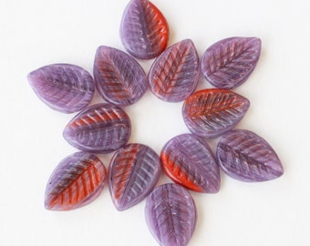12x16mm Glass Leaf Beads - Czech Glass Beads - Purple Red Mix - 10 beads