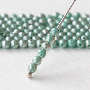 120 - 3mm Round Beads - Czech Glass Beads - Opaque Seafoam Green with Silver Dust  - 120 Beads