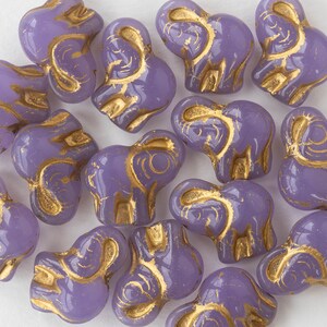 Czech Glass Elephant Beads Lucky Elephant Beads Lavender With Gold Decor Choose Amount image 2