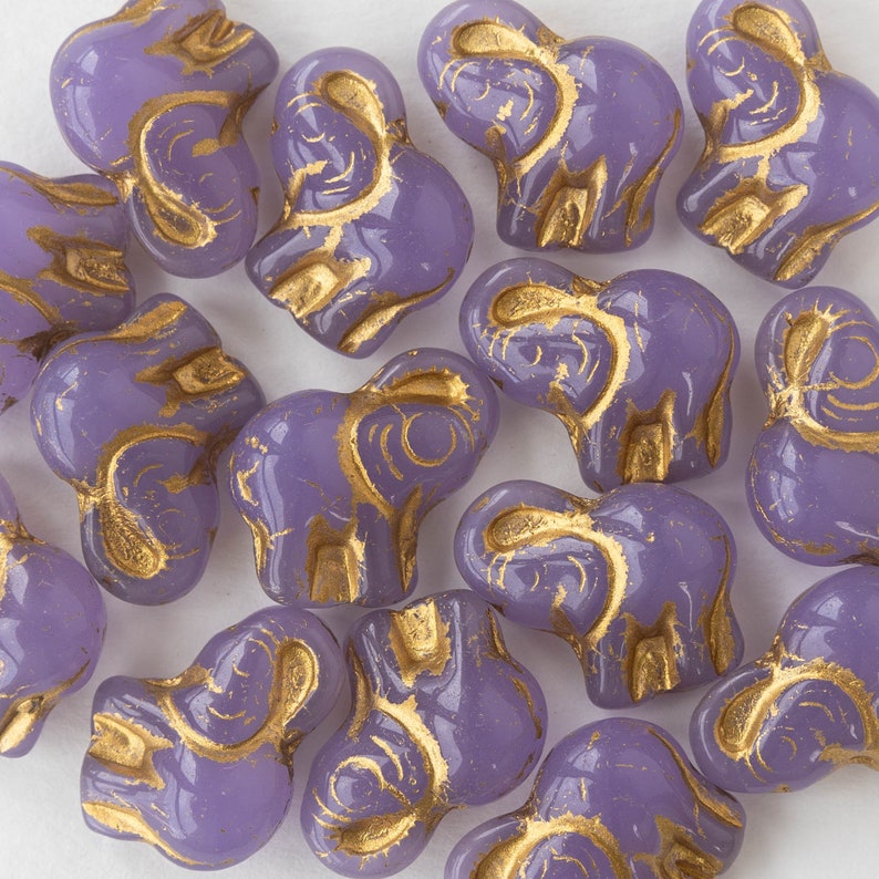 Czech Glass Elephant Beads Lucky Elephant Beads Lavender With Gold Decor Choose Amount 画像 2