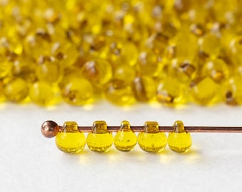 3.4mm Glass Magatama Teardrops - Japanese Glass Beads - Gold Lined Yellow - 10 or 20 grams
