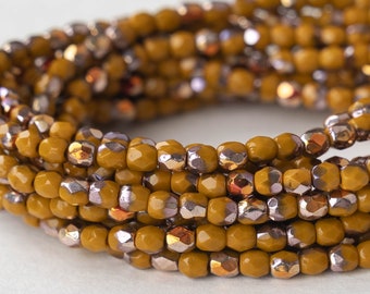 3mm, 4mm Firepolished Glass Beads - Czech Glass Beads - Opaque Golden Amber With A Marea Half Coat - 50 Beads
