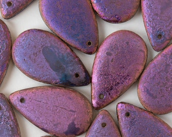 10 - 30x18mm Large Flat Glass Teardrop Beads - Czech Glass Beads - Etched Pink Iridescent - 10 Beads