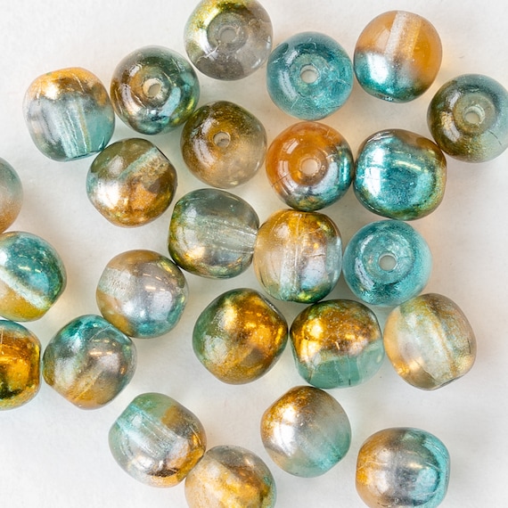 6mm Round Glass Beads Czech Glass Beads Orange Teal 25 Beads 