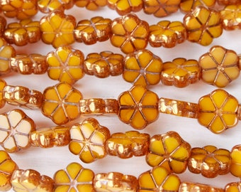 15 - 10mm Czech Flower Beads - Forget-Me-Not Flower Beads - Table Cut Beads - Opal Honey - 15 Beads