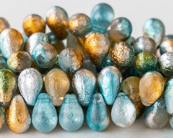 6x9mm Czech Etched Glass Teardrop Beads - Orange Teal Silver - 25 beads