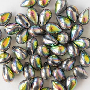 30 - 6x9mm Glass Teardrop Beads - Silver with Metallic Rainbow - 30 beads
