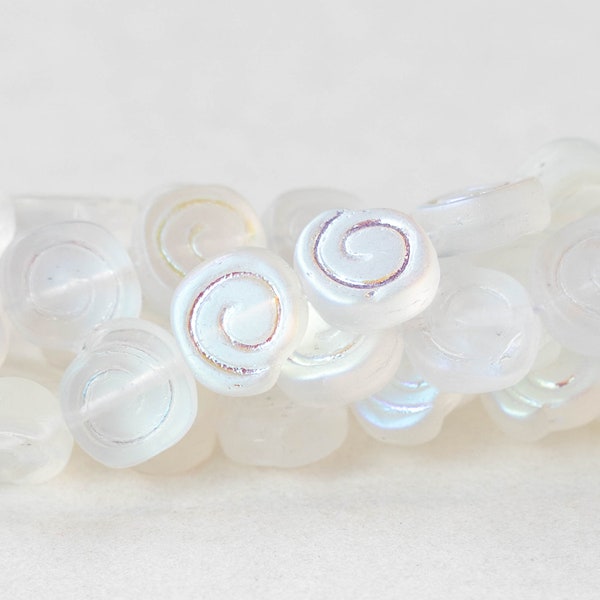 25 - 9mm Spiral Coin Beads - Jewelry Making Supplies - Czech Glass Beads - Crystal Matte AB - 25 Beads