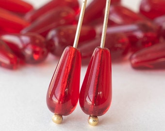20 - 6x13mm Long Drill Glass Teardrop Beads For Jewelry Making - Czech Glass Beads - 13x6mm - Ruby Red - 20 Beads