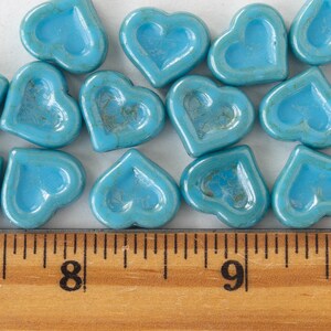 10 14mm Glass Heart Beads Czech Glass Beads 14mm Heart Turquoise with an Aqua Blue Wash 10 beads image 4