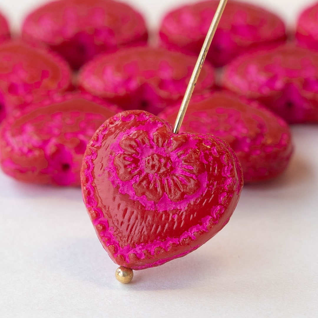 14mm Glass Heart Beads Table Cut Czech Glass Beads Opaque Red With Pink