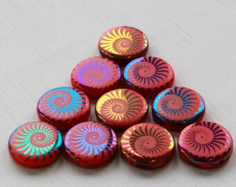 14 Coin Bead - Czech Glass Beads - Laser Tattoo Bead - Spiral Design - Fern Design -  Coral with  Slipperit Rainbow Finish - 8 beads