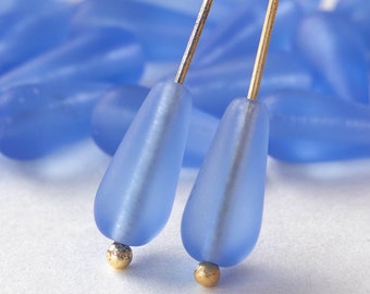 Cultured Sea Glass Teardrop - Long Drill Teardrops For Jewelry Making - Czech Glass Beads - 6x13mm (20 Beads)  Lt. Sapphire Blue Matte