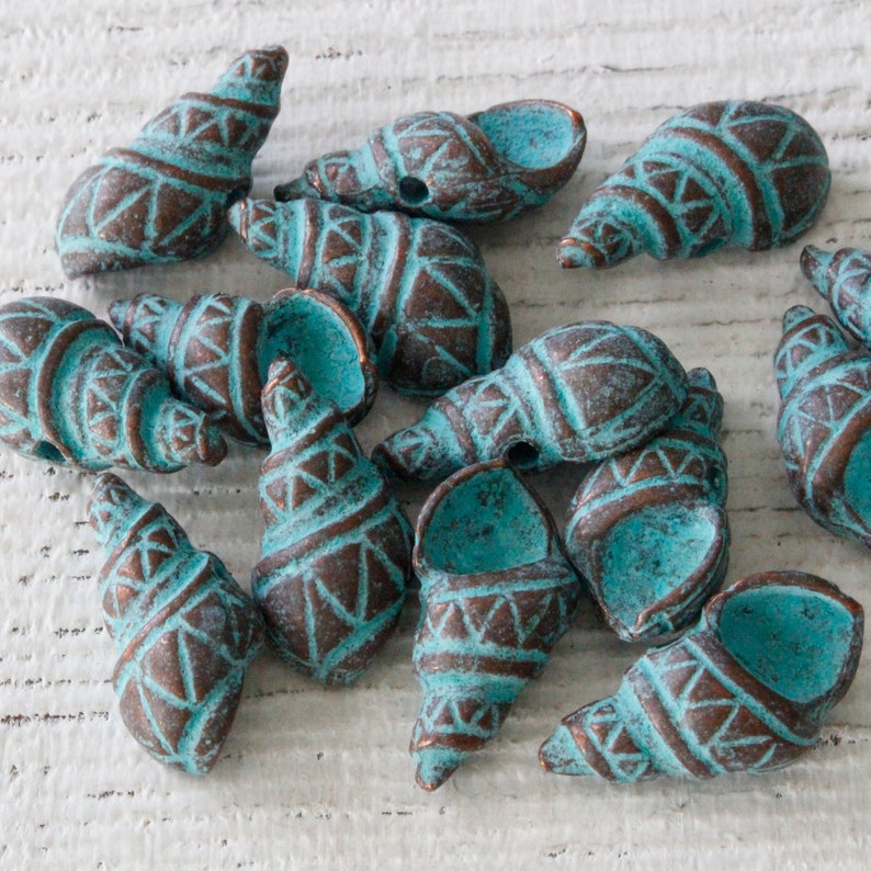 6 22mm Conch Shell Beads Jewelry Making Supply Mykonos Green Patina Beads Beach Theme Choose Amount image 1