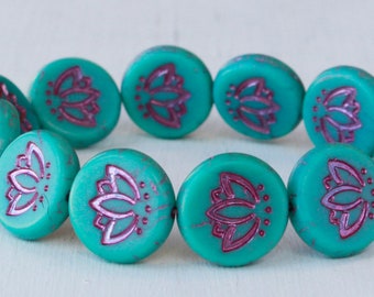 14mm Lotus Flower Coin Bead - Czech Glass Beads - Yoga Beads - 14mm Coin Bead - Opaque Turquoise with Pink Wash - 6 or 12 beads