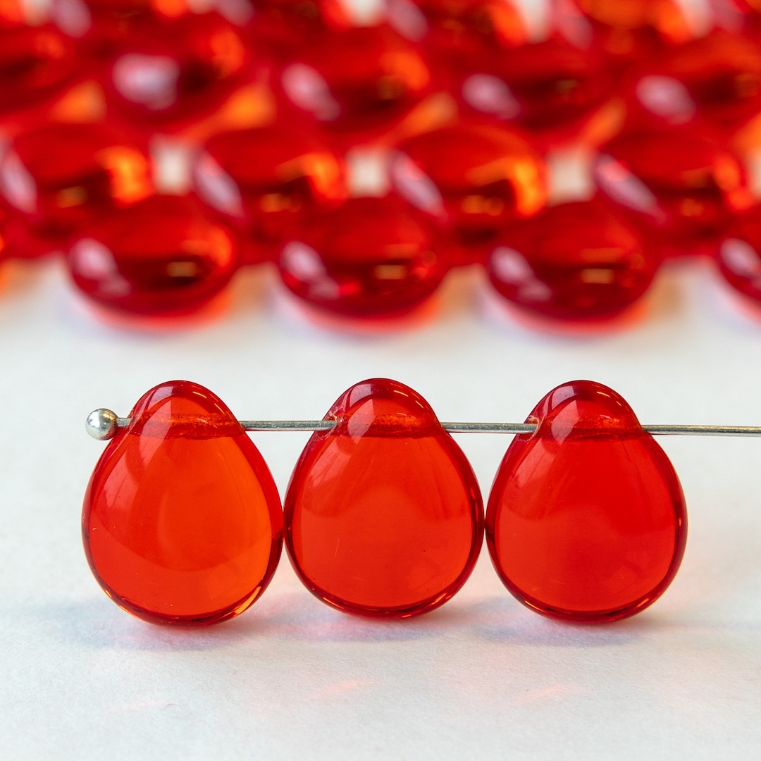 20 Flat Glass Teardrop Beads for Jewelry Making Smooth Briolette Beads  12x16mm Red 20 Beads 