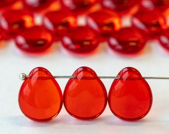 20 - Flat Glass Teardrop Beads For Jewelry Making - Smooth Briolette Beads 12x16mm - Red - 20 beads