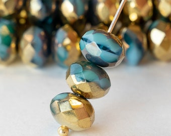 25 - 6x9mm Rondelles - Teal, Blue and Gold - Czech glass beads - 25