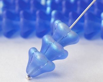 Trumpet Flower Beads For Jewelry Making - Czech Glass Beads -  Sapphire Blue Matte AB - 10 beads