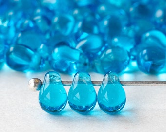 100 - 4x6mm Glass Teardrop Beads - Czech Glass Beads - Mermaids Tears - Fringe Beads - Aqua Blue  - 100