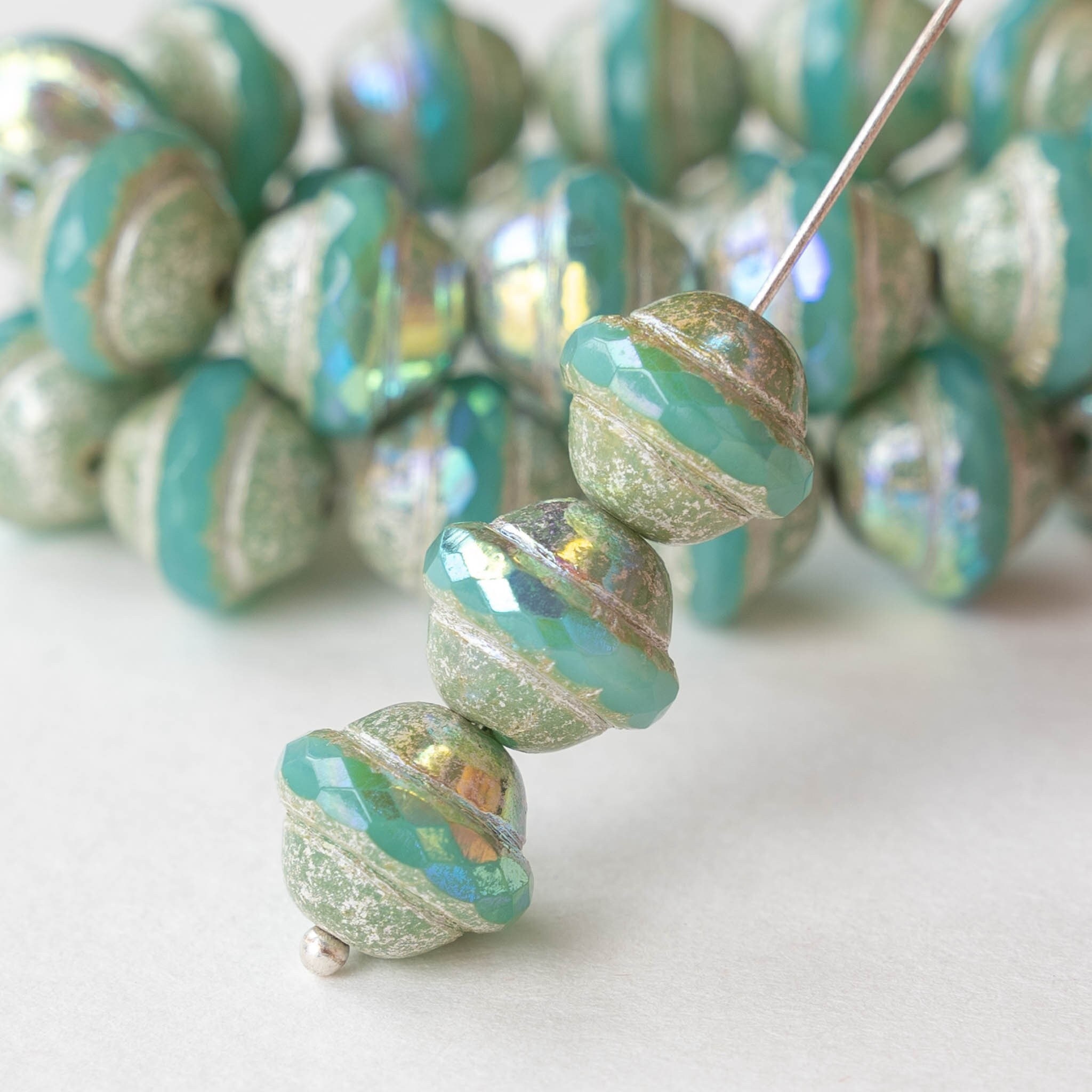 10x12mm Saturn Beads - Czech Glass Beads - Green With Antique