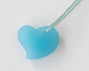 18mm Frosted Glass Heart Pendant For Jewelry Making - Recycled Glass Beads - Opaque Blue Seafoam - 2 beads
