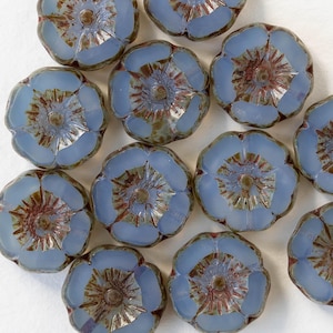 12 - 12mm Glass Flower beads - Czech Flower Beads - Transparent Blue Opaline with a Picasso Finish - 12 beads