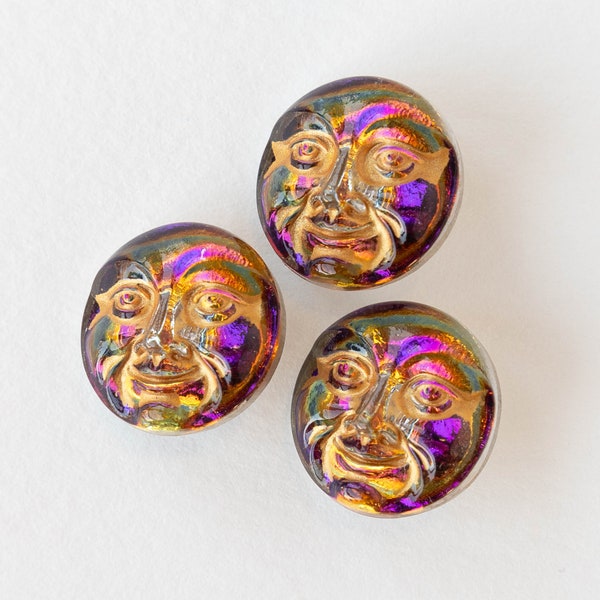 18mm Moon Face Buttons - Czech Buttons - Celestial Man In The Moon - Craft Supplies - Purple Orange Iridescent with Gold Wash - 1 Button