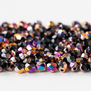 50 - 4mm Round Firepolished Glass Beads - Czech Glass Beads - Opaque Black with Marea Finish - 50 Beads
